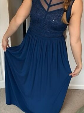 Night Way Collections Navy Blue Sequin Mesh Maxi Dress